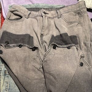 Gray Button-Trim Distressed Jeans